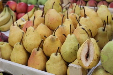 Yellow pear fruits closeup