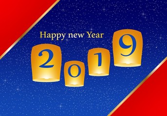 New year greetings for year 2019 with bright red background and blue strip, yellow lights and flying chinese lucky lanterns with clematis, gold ribbon with glowing stars with yellow lights with number