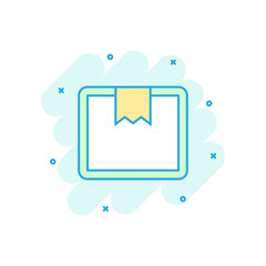 Cartoon colored open box icon in comic style. Shipping pack illustration pictogram. Delivery pack sign splash business concept.