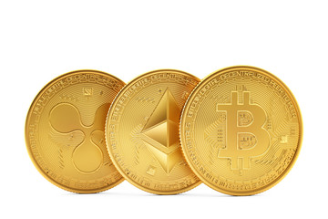 Golden cryptocurrencies coins: Ethereum, Bitcoin, Ripple. 3D illustration. Isolated. Contains clipping path