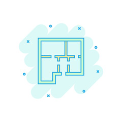 Vector cartoon house plan icon in comic style. Architect scheme sign illustration pictogram. House scheme business splash effect concept.