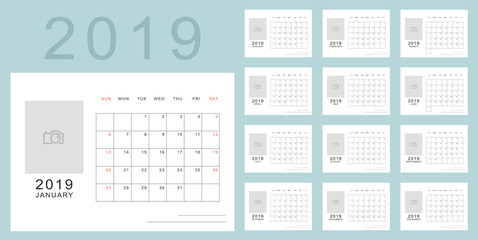 Simple minimalistic calendar of new 2019 year in light blue colors with place for photo. Week starts in Sunday, twelve month calendar. Work and holiday events planner, block-almanac template