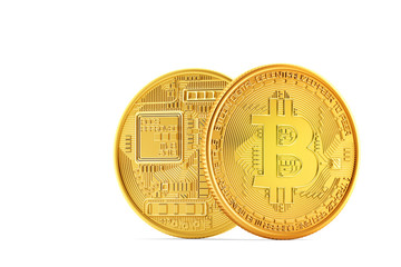 Golden Bitcoin coin on white background. 3D illustration. Isolated. Contains clipping path