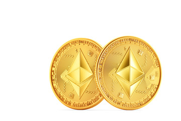 Golden Ethereum coins. 3D illustration. Isolated. Contains clipping path