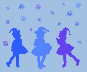 Christmas girls dwarfs fun dancing on the background of snowflakes