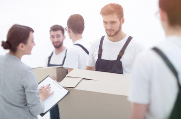 Manager and movers isolated on white background.