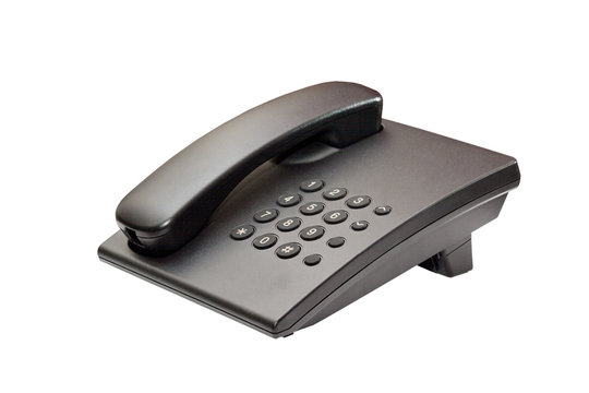 The image of black office phone with no cord on white background.