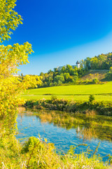 European countryside landscape, river Dobra in autumn and old fortress in Novigrad, Karlovac county, Croatia