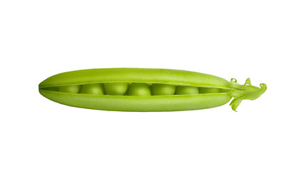 Sweet green peas in pods isolated on white background.  Open pod of sweet pea.;