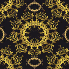 Baroque gold vector seamless mandala pattern. Ornamental vintage ornate background. Decorative golden Damask  flowers, leaves. Baroque Victorian style round golden mandalas, frames. Endless texture