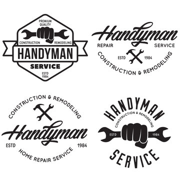 Handyman labels, badges, emblems, design elements. Tools silhouettes. Carpentry related vector vintage illustration.