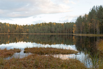 Autumn lake at evening time