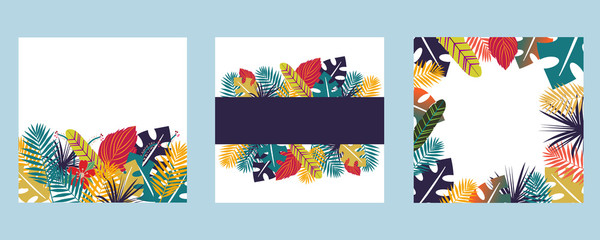 Tropical bright background SET with colorfull troical leaves. Herbal design with plants for cards, invitation, greeting design with blank space for a text.