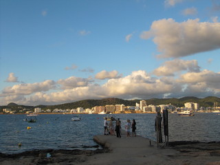 People waiting for a water taxi San Antonio bay Ibiza Spain.October 2018