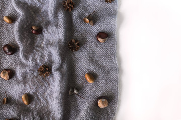Grey knitwork with chestnuts, pinecones, acorns. Autumn cozy background, place for text.