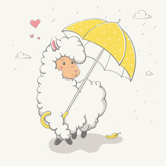 Lovely cute jumping llama / guanaco with a yellow umbrella with polka dots. Love cartoon animal.