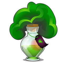 Chemical reaction in glass flask with tag isolated on white background. Laboratory experiment with release of green gas. Evaporation of magic elixir or potion. Vector cartoon close-up illustration.