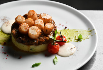 Plate with grilled scallops with butter lemon spicy sauce mashed potatoes and tomatoes