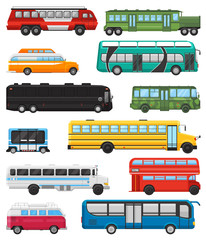 Bus vector public transport tour or city vehicle transporting passengers schoolbus and transportable car illustration transportation set isolated on white background