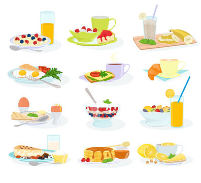 Breakfast vector morning food healthy meal egg cereal cake and pancake with orange juice and coffee illustration set of breakfast table in hotel restaurant isolated on white background