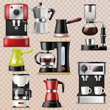 Coffee machine vector coffeemaker and coffee-machine for espresso drink with caffeine in cafe illustration set of professional equipment making cappuccino beverage isolated on transparent background