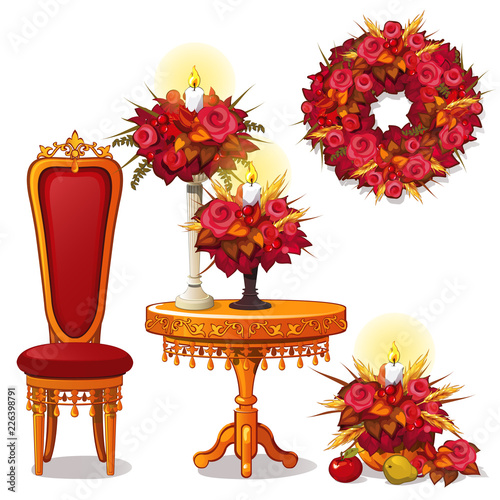Set Of Vintage Wooden Furniture And Decor On Theme Of Autumn