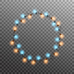 Christmas lights. Realistic multicolored string lights for New Year and Xmas season. Glowing isolated shiny lights with transparent effect