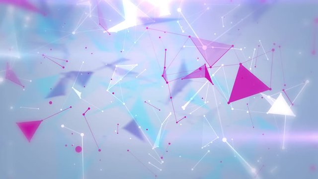 Plexus of abstract multicolored geometrical lines with moving triangles and dots on a blue background animations.