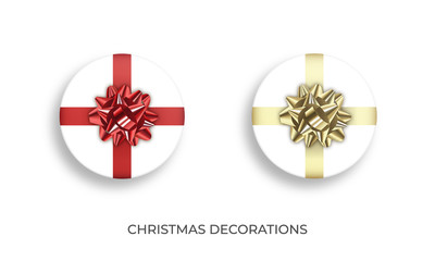 Christmas gift. Realistic presents with metallic red and gold ribbon bow. Xmas and New Year gift decoration