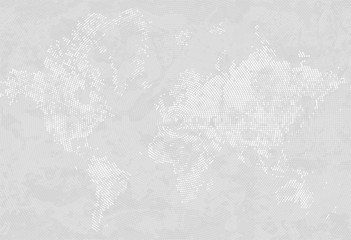 Abstract Dotted Map Gray and White Halftone grunge Effect Background. World map silhouettes. Continental shapes of dots. Radial circular grain background. Vector template easy to edit illustration