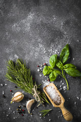Spices and herbs over black stone table. 