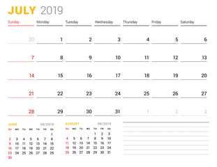 Calendar template for July 2019. Business planner. Stationery design. Week starts on Sunday. 2 Months on the page. Vector illustration