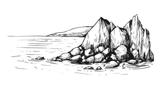 Sketch with sea and rocks. Hand drawn illustration converted to vector