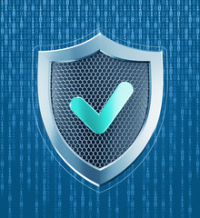 System Under Protection. Metallic shield pictured in techno style on digital background formed from binary code. 3D rendering graphic composition on the subject of 'Cybersecurity'.
