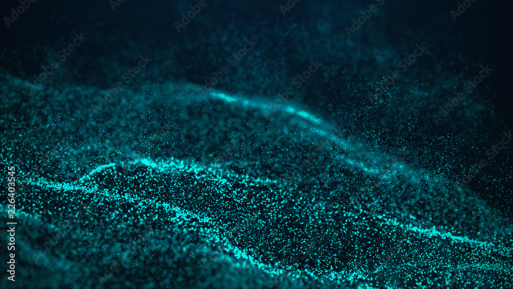 Poster wave glow. wave of particles. wave 3d. 3d rendering. futuristic blue dots background with a dynamic 