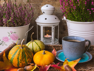 Close up view of vintage blue cup of coffee in a tray with pumpkins and leaves, calluna flowers and...