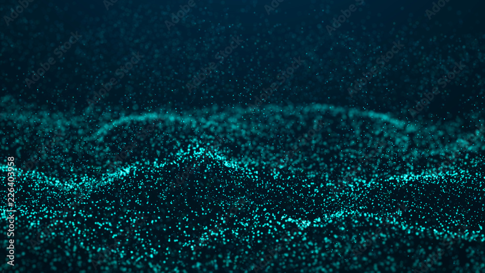 Poster wave glow. wave of particles. wave 3d. 3d rendering. futuristic blue dots background with a dynamic 