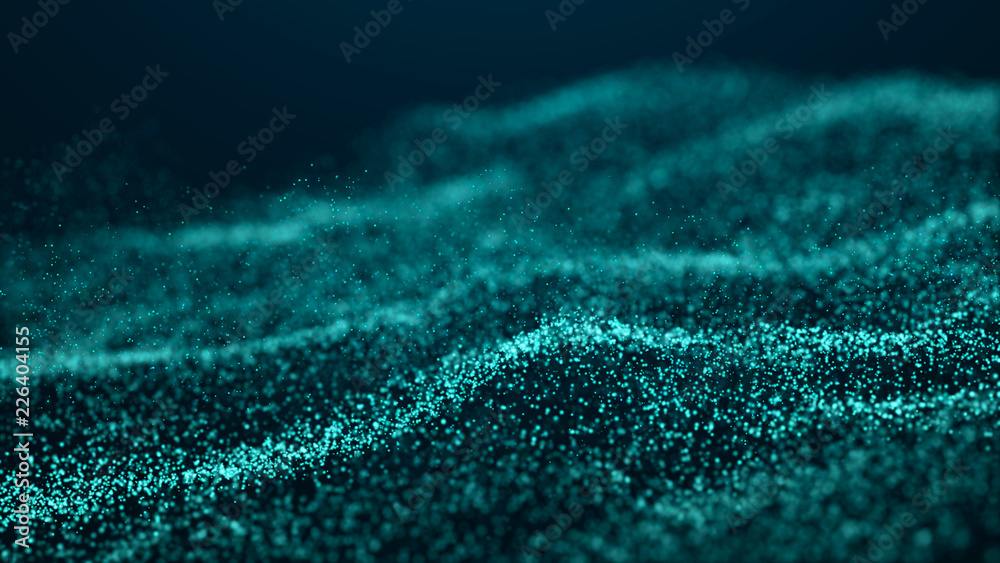 Poster wave glow. wave of particles. wave 3d. 3d rendering. futuristic blue dots background with a dynamic 