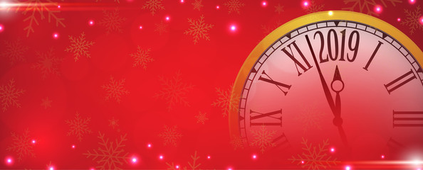 Naklejka na ściany i meble Vector 2019 Happy New Year with retro clock on snowflakes red background