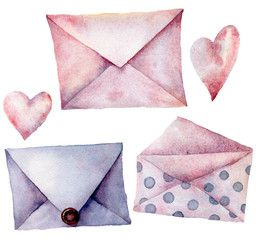 Obraz premium Watercolor envelopes with hearts set. Hand painted violet, pink pink and polka dot envelopes isolated on white background. Vintage mail icon. Design elements for print, background.