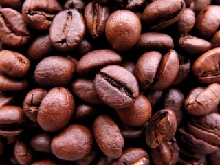 Macro close up of dense bunch of aromatic roasted brown coffee beans in variety of brown shades