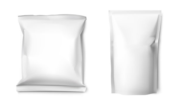 Set of white blank pillow pack and doy pack mockup. Vector illustration isolated on white background. Can be use for your design, presentation, promo, ad. EPS10.