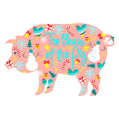 Isolated pig  with new year elements on it and text 