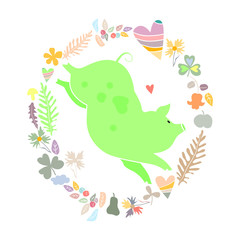 Green pig in frame of flowers, leaves and hearts. Holiday illustration