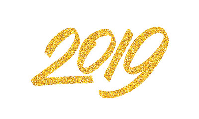 Happy New Year 2019 greeting card design template with golden text isolated on white background. Calligraphy for chinese year of the pig. Vector illustration