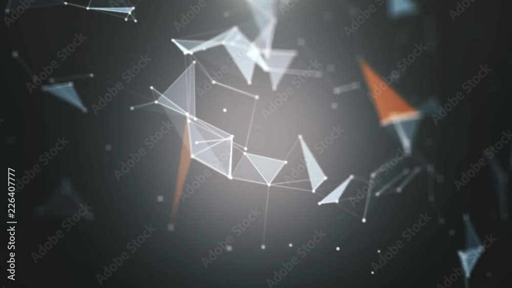 Wall mural plexus of abstract gray geometrical lines with moving triangles and dots on a black background with 