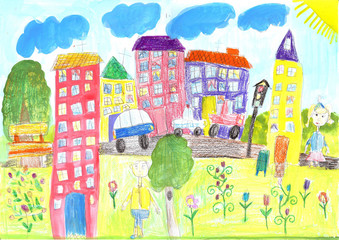 Child's drawing happy family, building, car