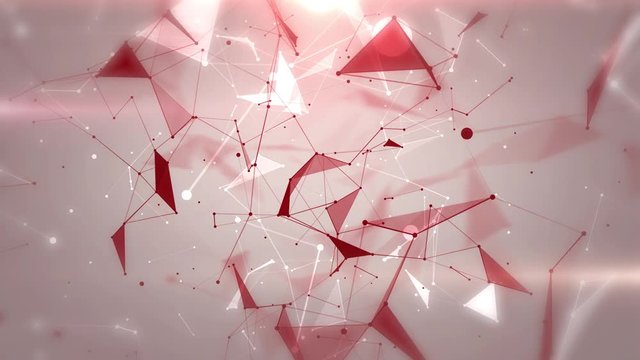 Plexus of abstract red geometrical lines with moving triangles and dots on a light background animations.