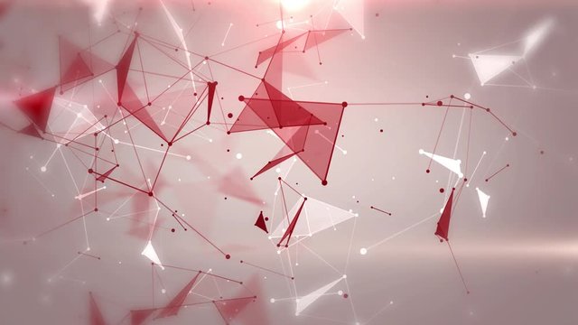Plexus of abstract red geometrical lines with moving triangles and dots on a light background animations.