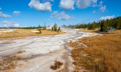Water flows from a hot spring along white travertine in Upper Geyser Basin